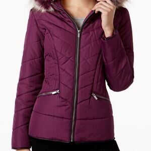 Celebrity Pink Puffer Coat with Faux Fur Hood Purple Small Princess taper fit